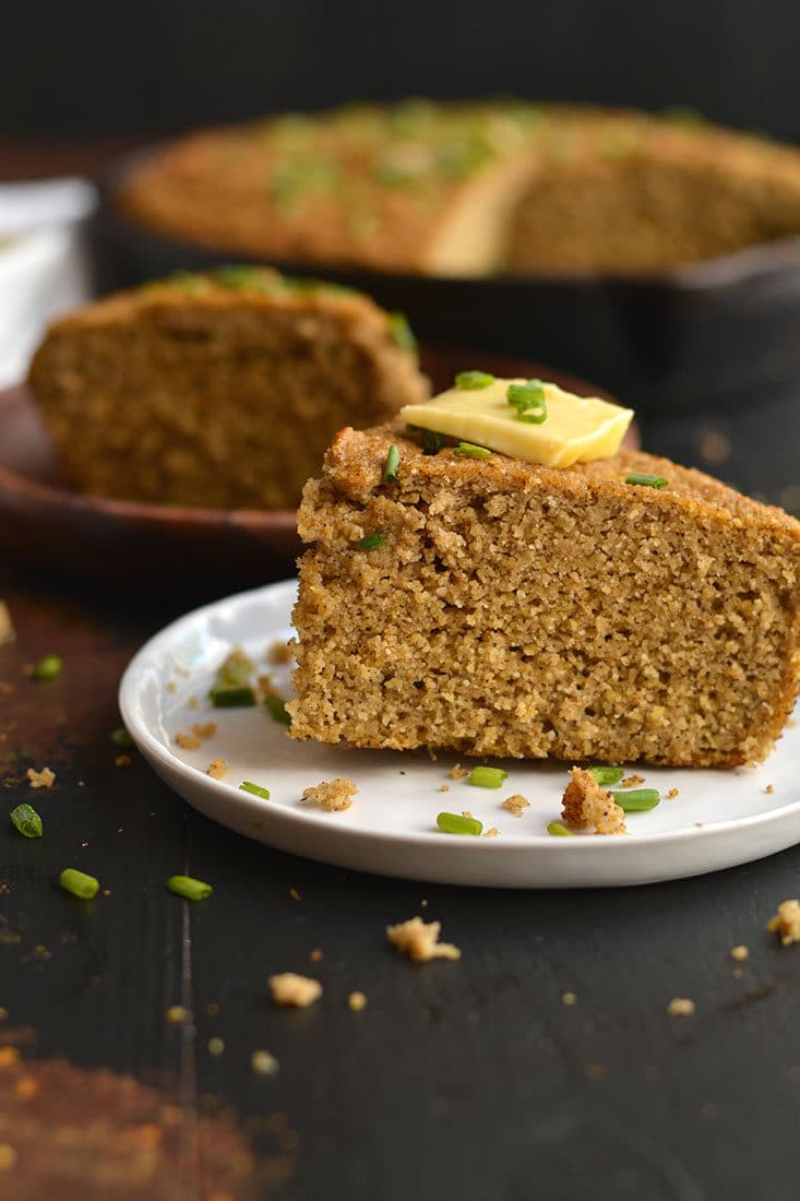 Almond Flour Pumpkin Cornbread! This simple & delicious grain-free bread is quick to make & delicious! Refined sugar free, fluffy, soft with a hint of cinnamon. Bake it in a skillet or baking pan for a hearty & flavorful side! Gluten Free + Low Calorie