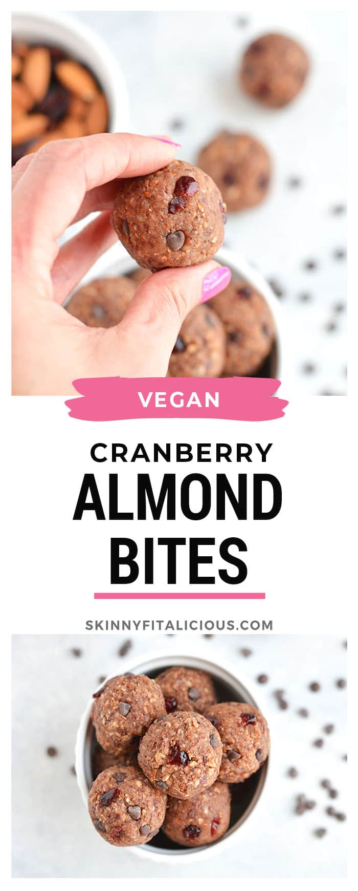 These Vegan Chocolate Almond Cranberry Bliss Bites are a must make for healthy snacking! Super simple to make with only 7 ingredients. No baking required! Gluten Free + Paleo + Vegan + Low Calorie