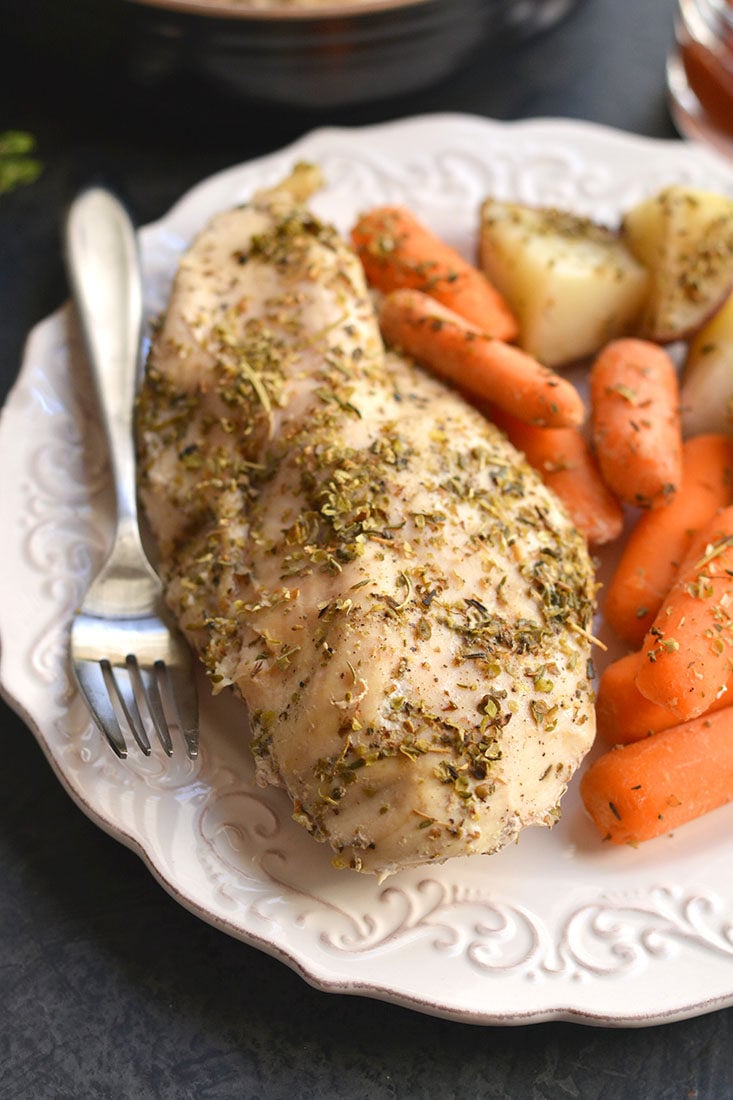 Chicken, Carrots & Potatoes made in a slow cooker! This Crockpot Italian Chicken & Potatoes makes the most tender chicken. An EASY, 5-ingredient dinner packed with flavor that will satisfy the whole family! Gluten Free + Paleo + Low Calorie