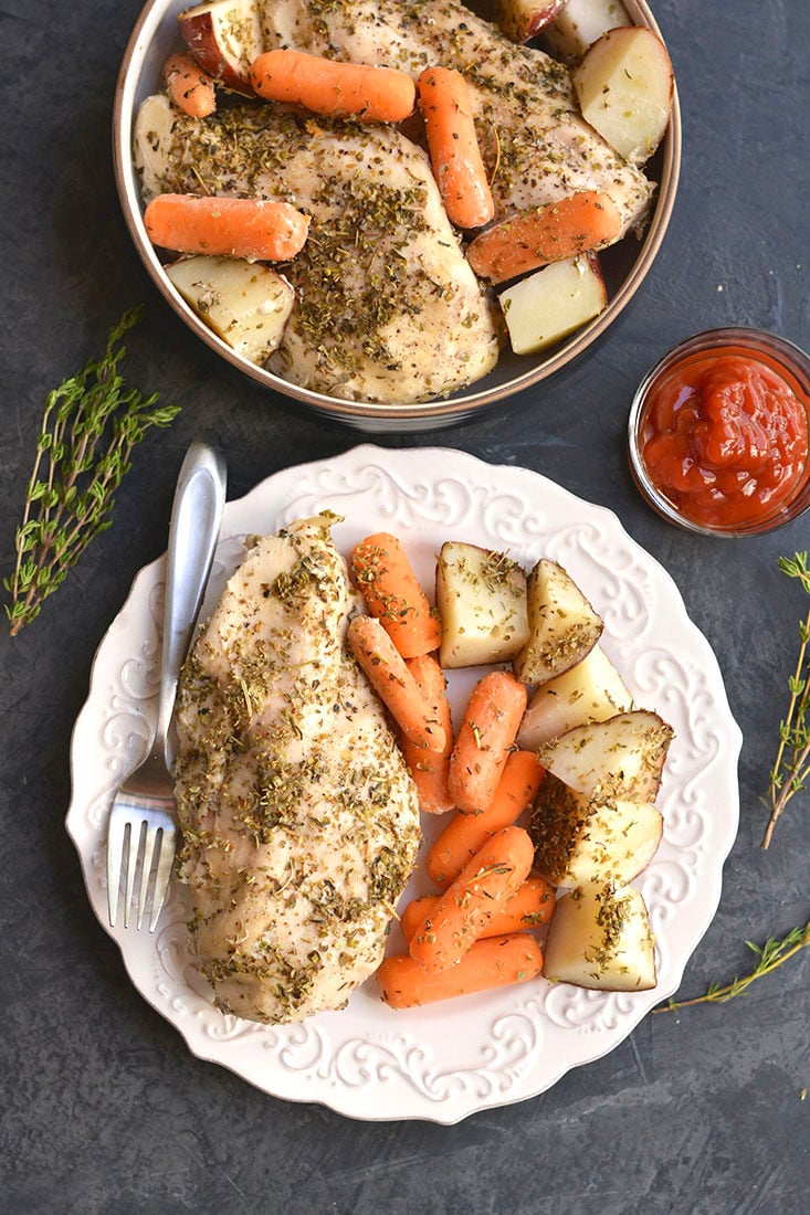 Chicken, Carrots & Potatoes made in a slow cooker! This Crockpot Italian Chicken & Potatoes makes the most tender chicken. An EASY, 5-ingredient dinner packed with flavor that will satisfy the whole family! Gluten Free + Paleo + Low Calorie