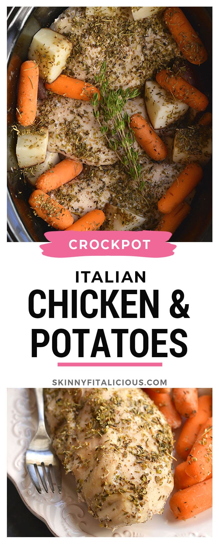 Chicken, Carrots & Potatoes made in a slow cooker! This Crockpot Italian Chicken & Potatoes makes the most tender chicken. An EASY, 5-ingredient dinner packed with flavor that will satisfy the whole family! Gluten Free + Paleo + Low Calorie