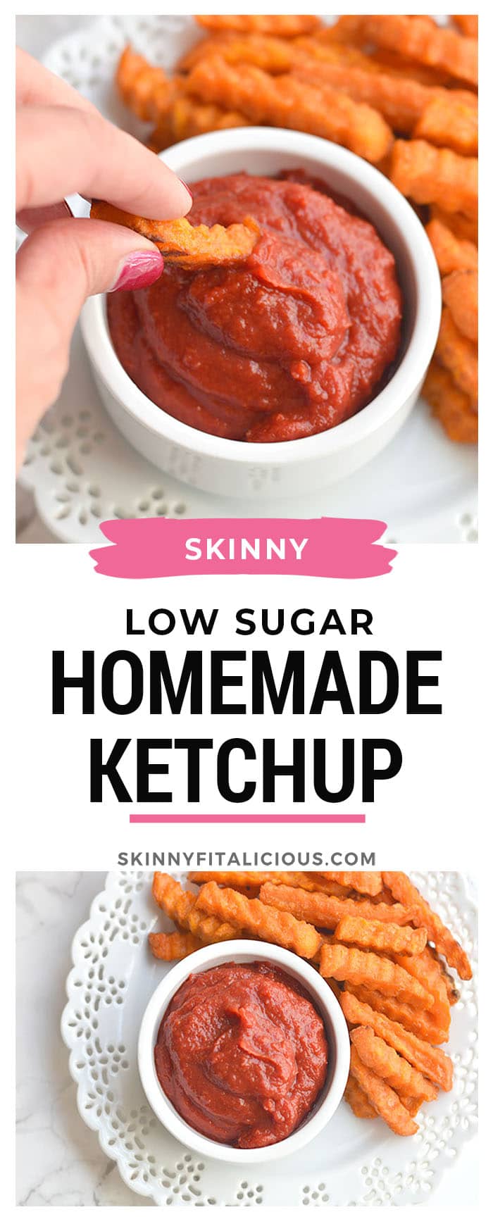 Low Sugar Ketchup! An easy homemade 5 minute ketchup recipe that's free of additives and low in sugar. Perfect for dipping and topping all your favorite foods with! Paleo + Vegan + Low Calorie + Gluten Free