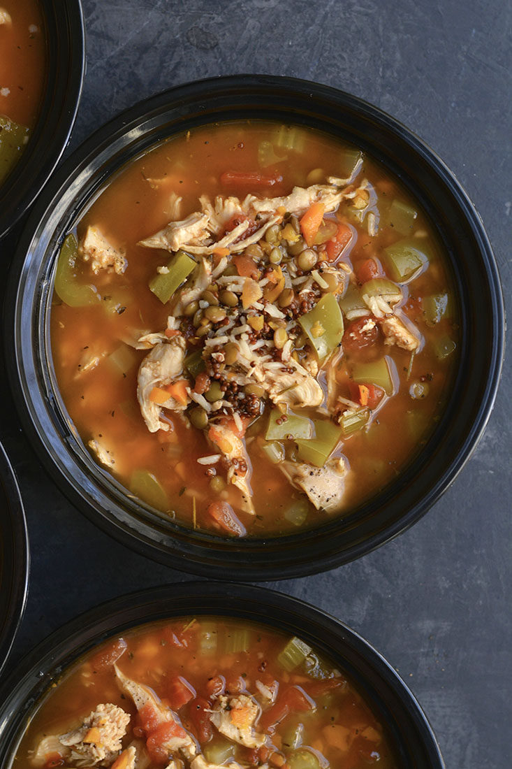 This Meal Prep Chicken Lentil Soup is a nutritious bowl of vegetables, rice & lentils. Nourishing, comforting & takes less than 30 minutes to make. A delicious bowl of warmth for a cold day! Gluten Free + Low Calorie