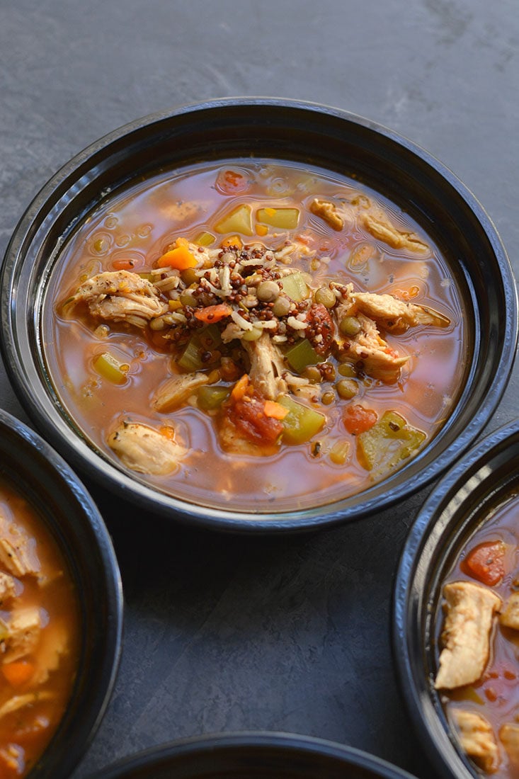 This Meal Prep Chicken Lentil Soup is a nutritious bowl of vegetables, rice & lentils. Nourishing, comforting & takes less than 30 minutes to make. A delicious bowl of warmth for a cold day! Gluten Free + Low Calorie