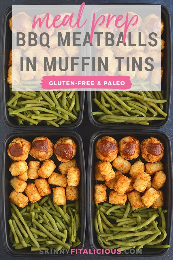 Meal Prep BBQ Meatballs in Muffin Tins! Easy, oven baked turkey meatballs with veggies, potato flour and BBQ sauce. Made in mini muffin tins for a simple pre-portioned meal prep meal! Gluten Free + Paleo + Low Calorie 