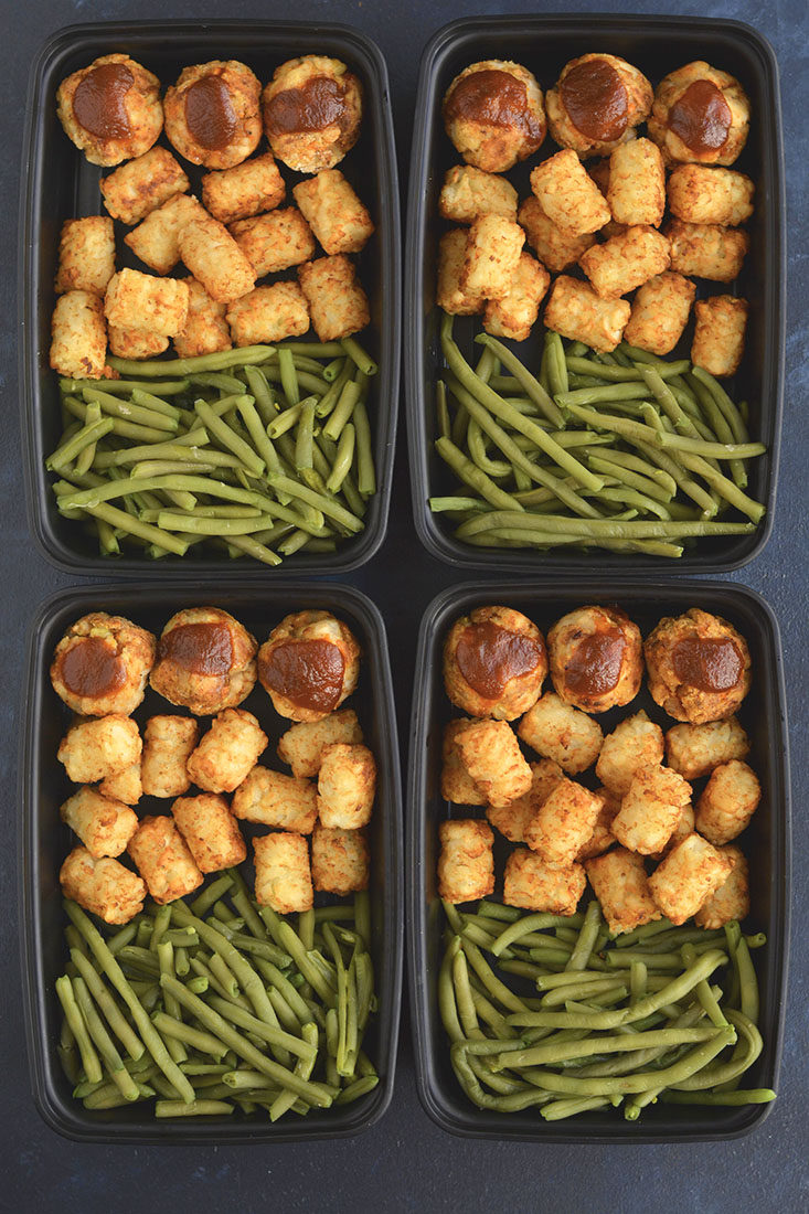 Meal Prep BBQ Meatballs in Muffin Tins! Easy, oven baked turkey meatballs with veggies, potato flour and BBQ sauce. Made in mini muffin tins for a simple pre-portioned meal prep meal! Gluten Free + Paleo + Low Calorie 