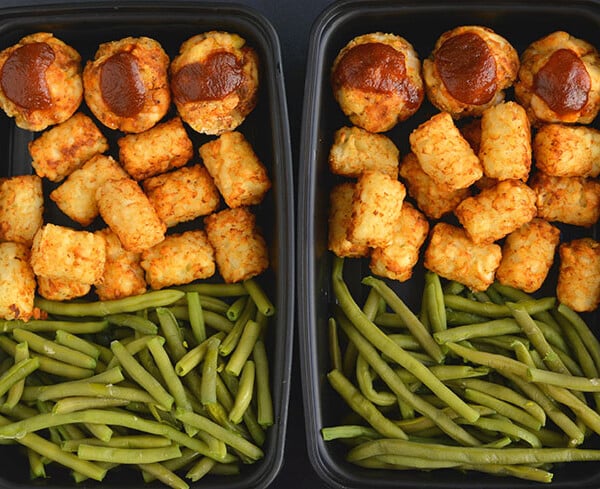 Meal Prep BBQ Meatballs in Muffin Tins! Easy, oven baked turkey meatballs with veggies, potato flour and BBQ sauce. Made in mini muffin tins for a simple pre-portioned meal prep meal! Gluten Free + Paleo + Low Calorie 