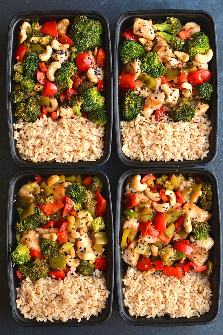 Meal Prep Cashew Chicken! An EASY, 20 minute one skillet meal that's loaded with veggies, crispy chicken & flavor. Cheaper & healthier than take-out! Gluten Free + Low Calorie with Paleo substitutions