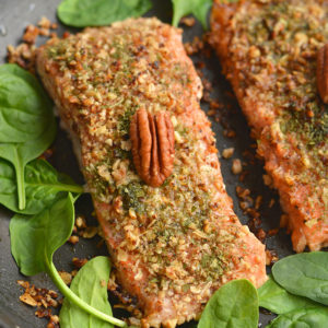 Pecan Oat Salmon! Salmon breaded in a pecan-oat-parsley mixture & sautéed in one pan meal. An easy dinner, ready in 20 minutes & packed with nutrients! Gluten Free + Low Calorie