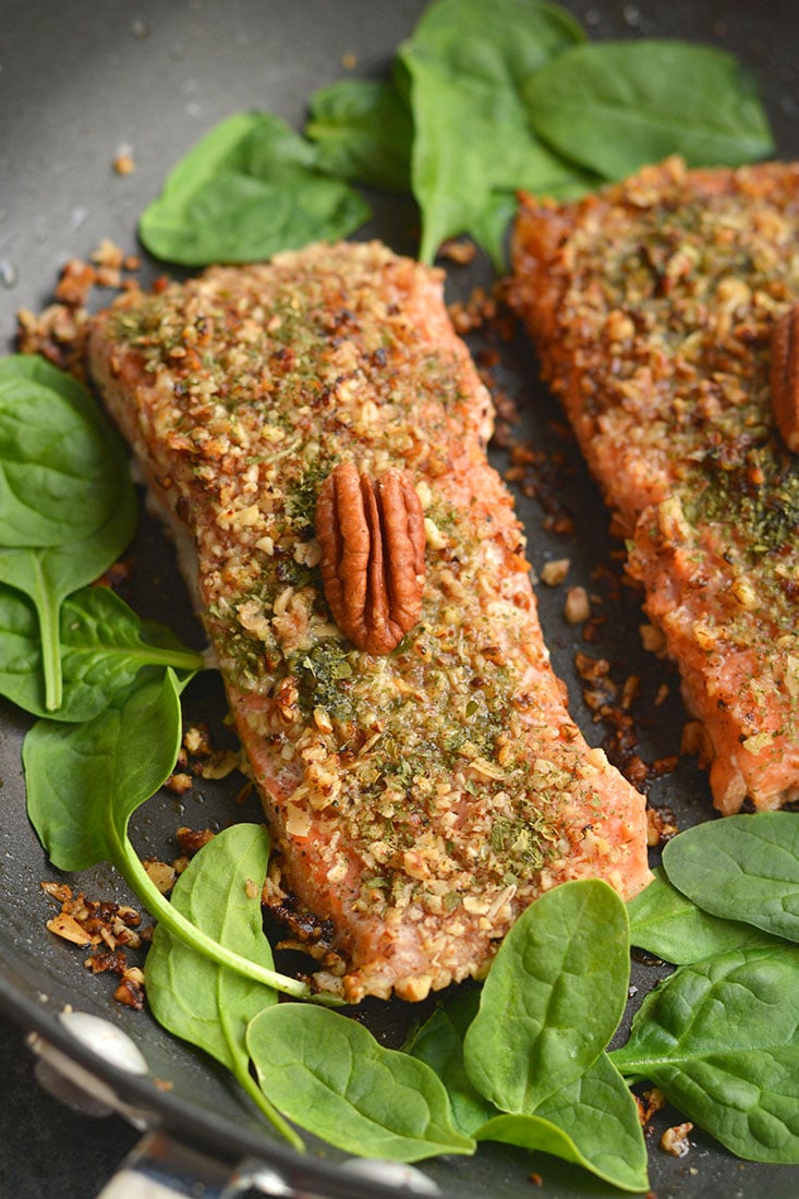 Pecan Oat Salmon! Salmon breaded in a pecan-oat-parsley mixture & sautéed in one pan meal. An easy dinner, ready in 20 minutes & packed with nutrients! Gluten Free + Low Calorie