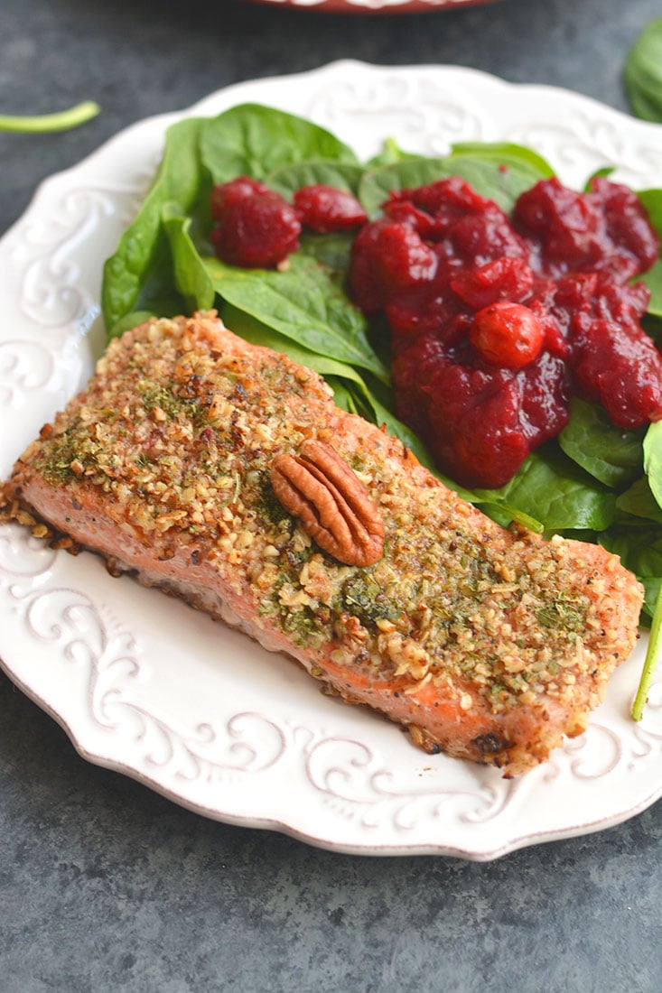 Pecan Oat Salmon! Salmon breaded in a pecan-oat-parsley mixture & sautéed in one pan meal. An easy dinner, ready in 20 minutes & packed with nutrients! Gluten Free + Low Calorie