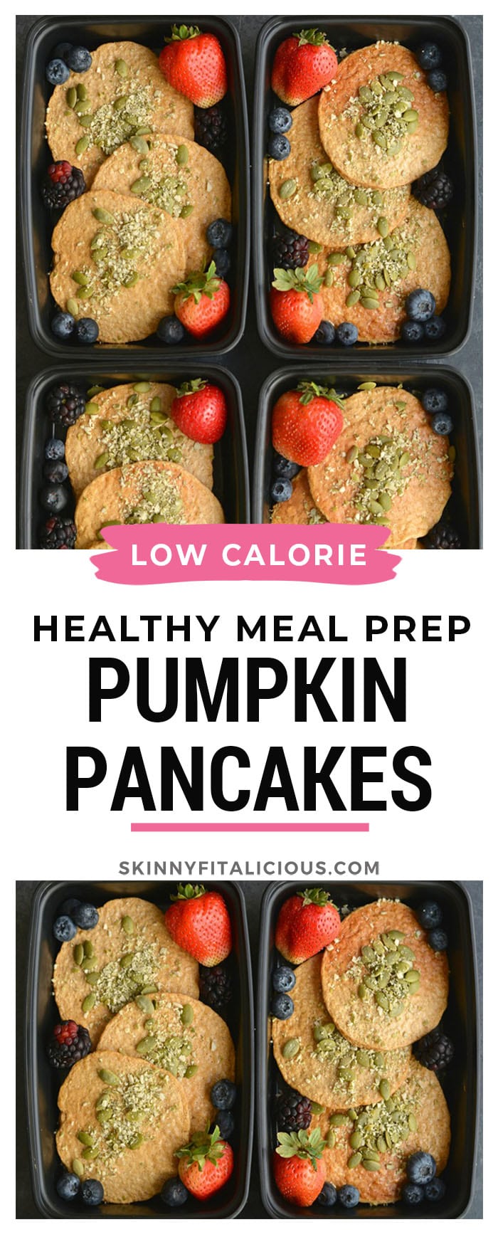 Meal Prep Pumpkin Protein Pancakes! Fluffy, fall flavored pancakes with nearly 6 grams of protein each.
