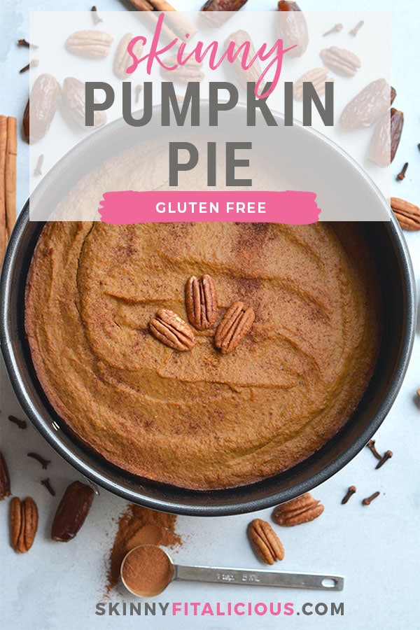 Skinny Pumpkin Pie! Made with a pecan oat crust and topped with a lightly sweetened pumpkin custard. This pumpkin pie is incredibly easy to make, flavorful and perfect for getting a pumpkin fix. Gluten Free + Low Calorie
