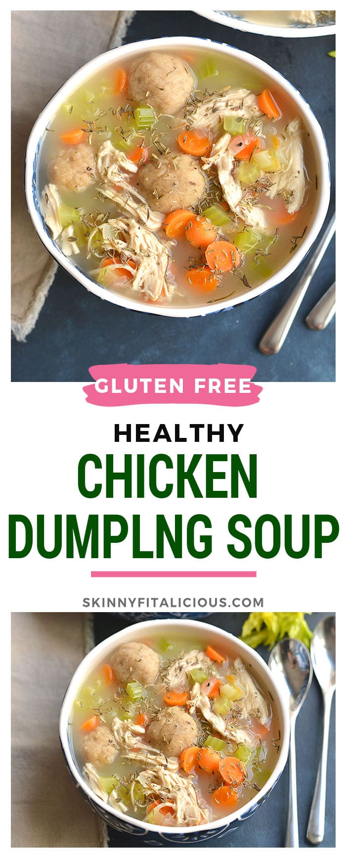 Healthy Chicken Dumpling Soup! Gluten Free dumplings snuggled in a warm bowl of chicken soup. Cozy, comforting, loaded with veggies & flavor. A quick & easy meal to feed the soul. Gluten Free + Low Calorie