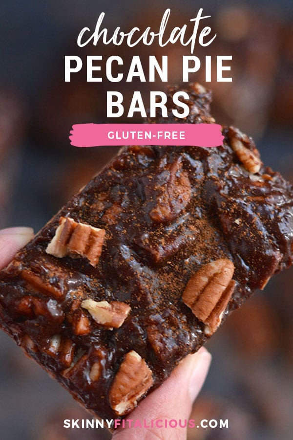 Chocolate Pecan Pie Bars! A healthy spin on pecan pie made free of gluten and refined sugar. EASY to bake and perfectly portioned for those watching their weight! Vegan + Gluten Free + Low Calorie
