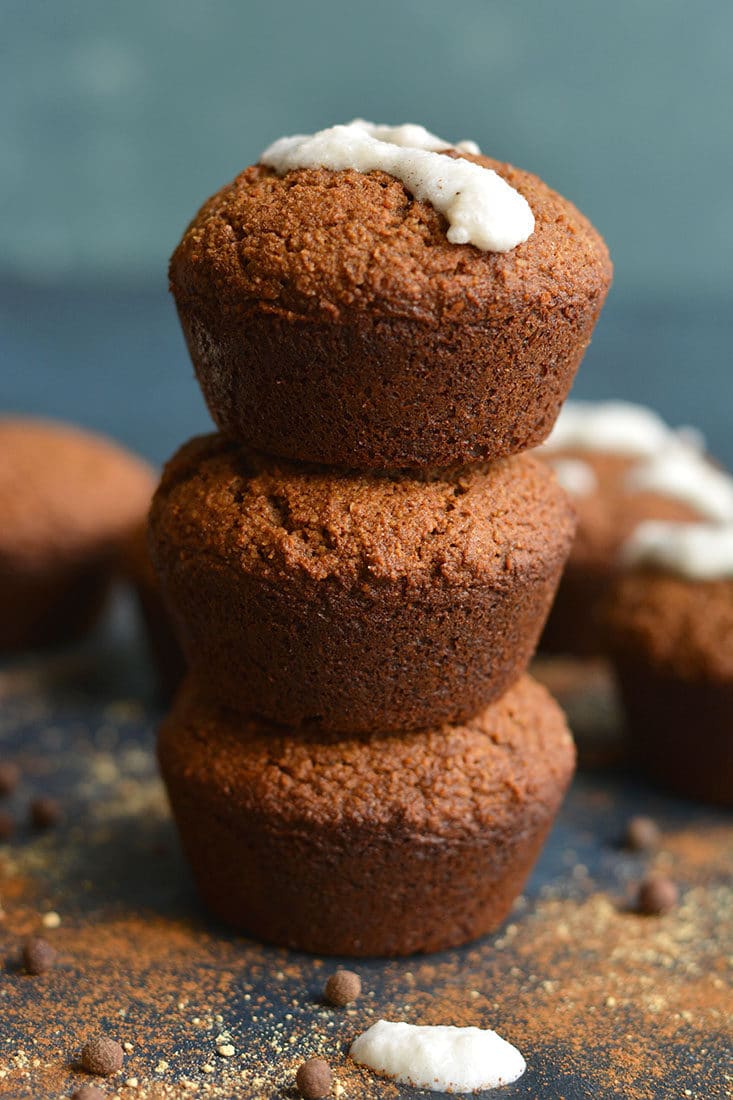Almond Flour Gingerbread Muffins with collagen frosting. Spiced with warm flavors and high in protein & healthy fats! An easy breakfast or portable snack! Paleo + Gluten Free + Low Calorie  