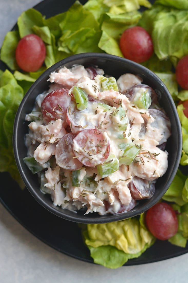 Meal Prep High Protein Chicken Salad!  Made with Greek yogurt, grapes & bell peppers this recipe is healthy, easy mayo free & egg free. Great for a quick meal, light lunch or appetizer. Gluten Free + Low Calorie