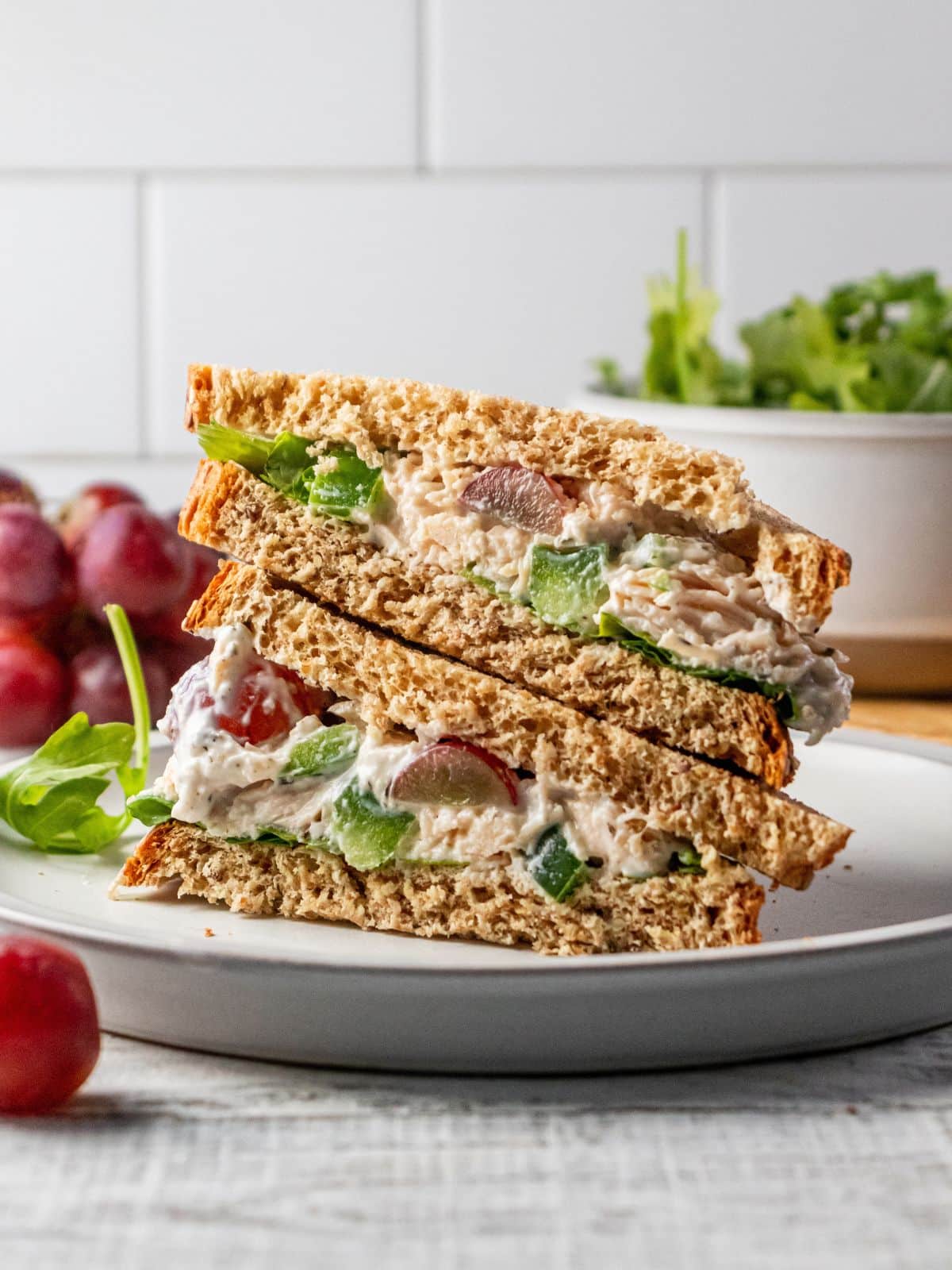 Meal Prep High Protein Chicken Salad!  Made with Greek yogurt, grapes & bell peppers this recipe is healthy, easy mayo free & egg free. Great for a quick meal, light lunch or appetizer. Gluten Free + Low Calorie