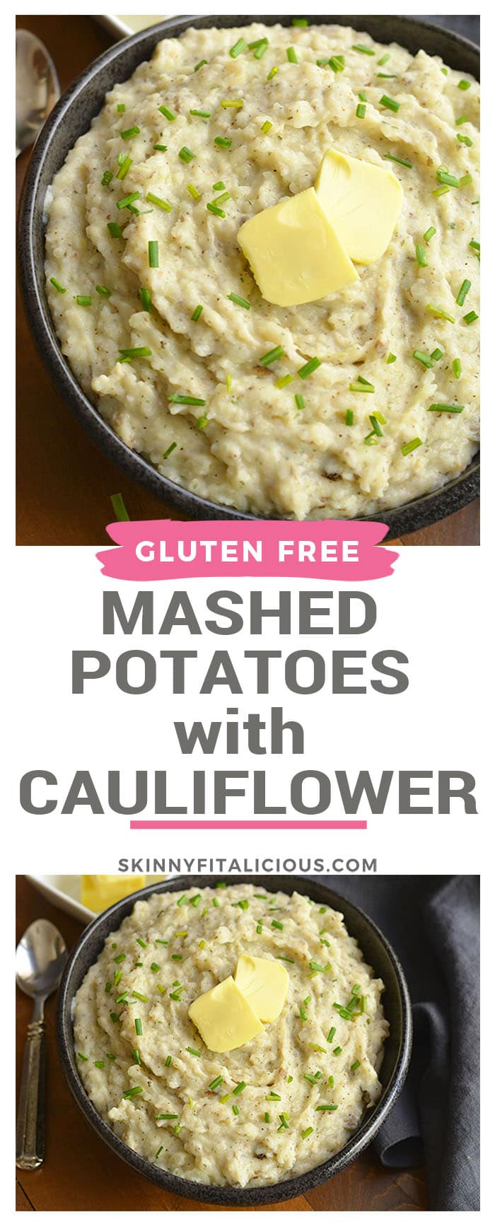 Healthier Mashed Potatoes & Cauliflower! This lighter version of the traditional dish adds cauliflower & Greek yogurt that no one will notice. A healthier side for your dinner table! Gluten Free + Low Calorie