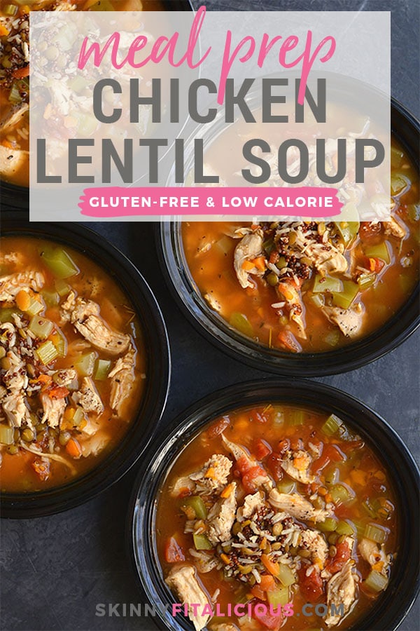 This Meal Prep Chicken Lentil Soup is a nutritious bowl of vegetables, rice & lentils. Nourishing, comforting & takes less than 30 minutes to make. A delicious bowl of warmth for a cold day! Gluten Free + Low Calorie