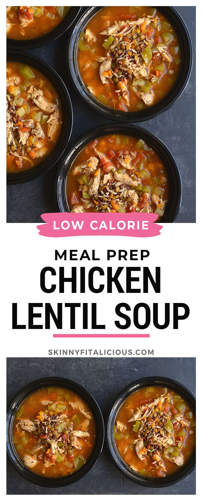 This Meal Prep Chicken Lentil Soup is a nutritious bowl of vegetables, rice and lentils. Nourishing, comforting and takes less than 30 minutes to make. A delicious bowl of warmth for a cold day! Gluten Free + Low Calorie