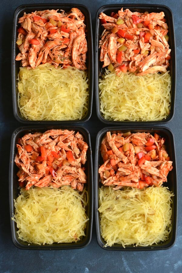 Meal Prep Buffalo Chicken Spaghetti Squash! Spaghetti squash makes an easy Paleo pasta alternative with buffalo chicken & veggies for a healthier meal! Dairy Free + Paleo + Gluten Free + Low Calorie