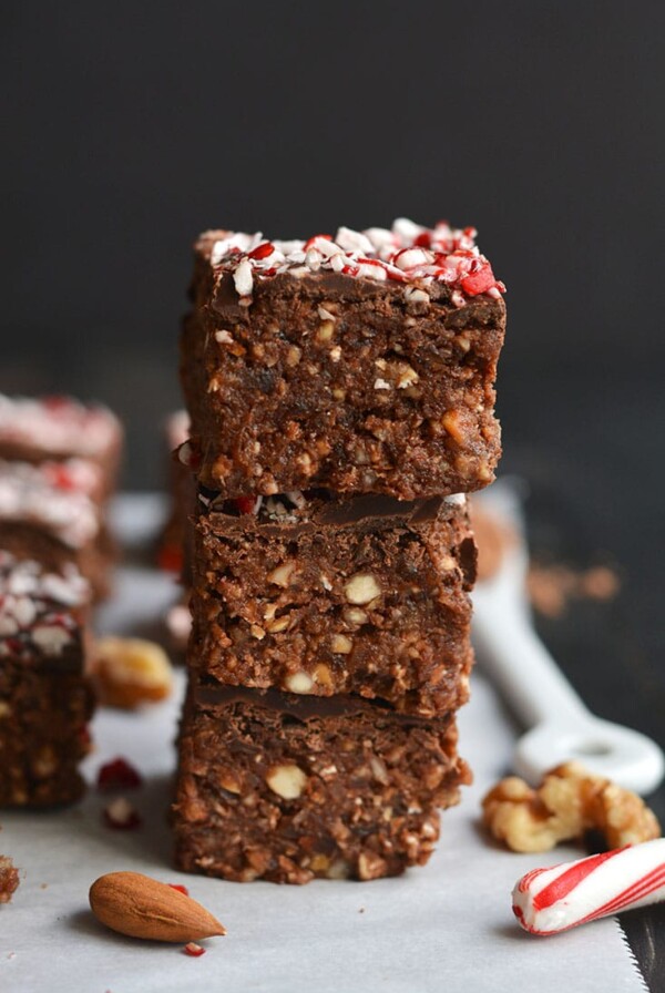 Raw Peppermint Brownies! Cool, decadent, no bake snacks loaded with mint flavor, healthy fat & dark chocolate. A satisfying Vegan & Paleo homemade dessert! Vegan + Paleo + Gluten Free