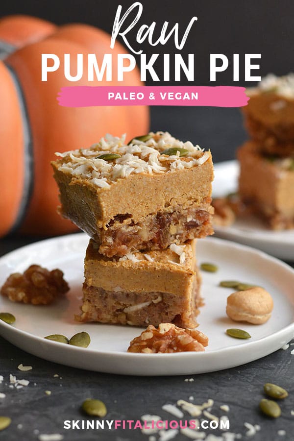 Raw Pumpkin Pie! Made with a walnut, date base & topped with a creamy, cashew pumpkin custard, this is what pumpkin pie dreams are made of. No baking required! Serve as a dessert or healthy snack. Paleo + Vegan + Low Calorie