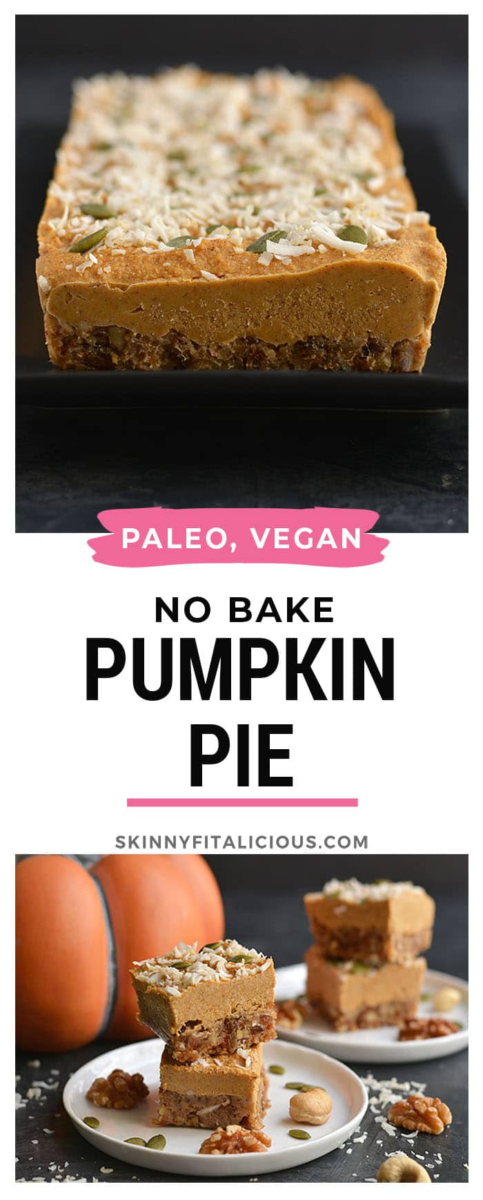 No Bake Raw Pumpkin Pie! Made with a walnut, date base and topped with a creamy, cashew pumpkin custard, this is what pumpkin pie dreams are made of. No baking required! Serve as a dessert or healthy snack. Paleo + Vegan + Low Calorie