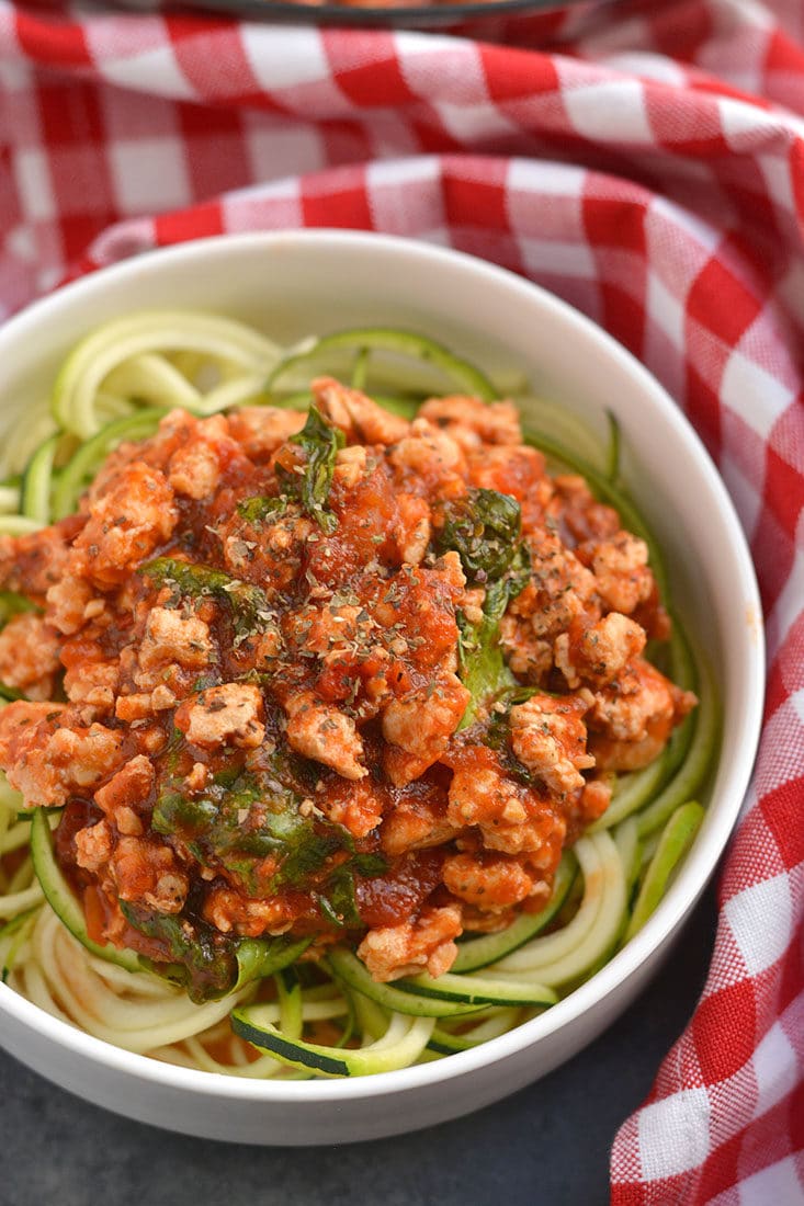 This Turkey Spaghetti Zoodles is pasta without the pasta! A SUPER simple one pan dinner that's low calorie, low carb, Paleo, gluten free and takes just 10 minutes to make. This will soon be your go-to week night dinner! Paleo + Gluten Free + Low Calorie