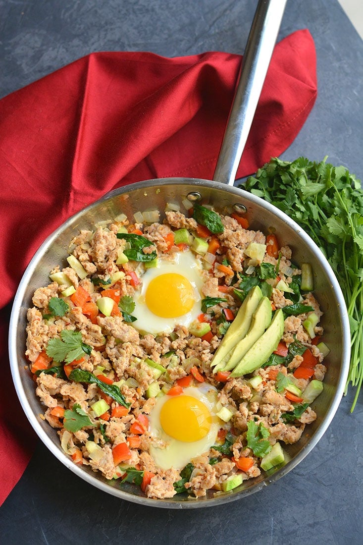 This Meal Prep Low Carb Breakfast Hash is loaded with turkey, spices & tons of veggies. A high protein, fiber rich meal to start the day. Serve with a crispy fried egg on top or boiled eggs for an EASY brunch or breakfast meal prep. Paleo + Whole30 + Gluten Free + Low Calorie