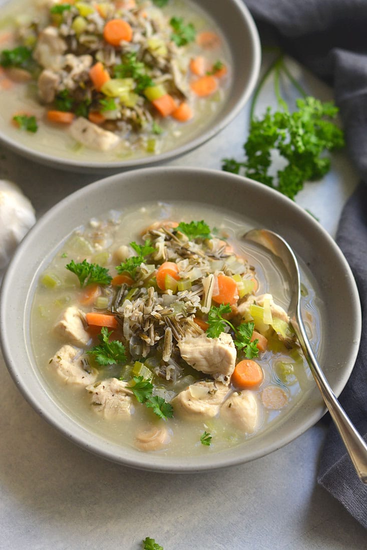 Chicken Wild Rice Soup is a flavorful meal in a bowl. Packed with veggies, protein and wild "rice" to fill you up this season. Easy to make & crowd pleasing! Gluten Free + Low Calorie