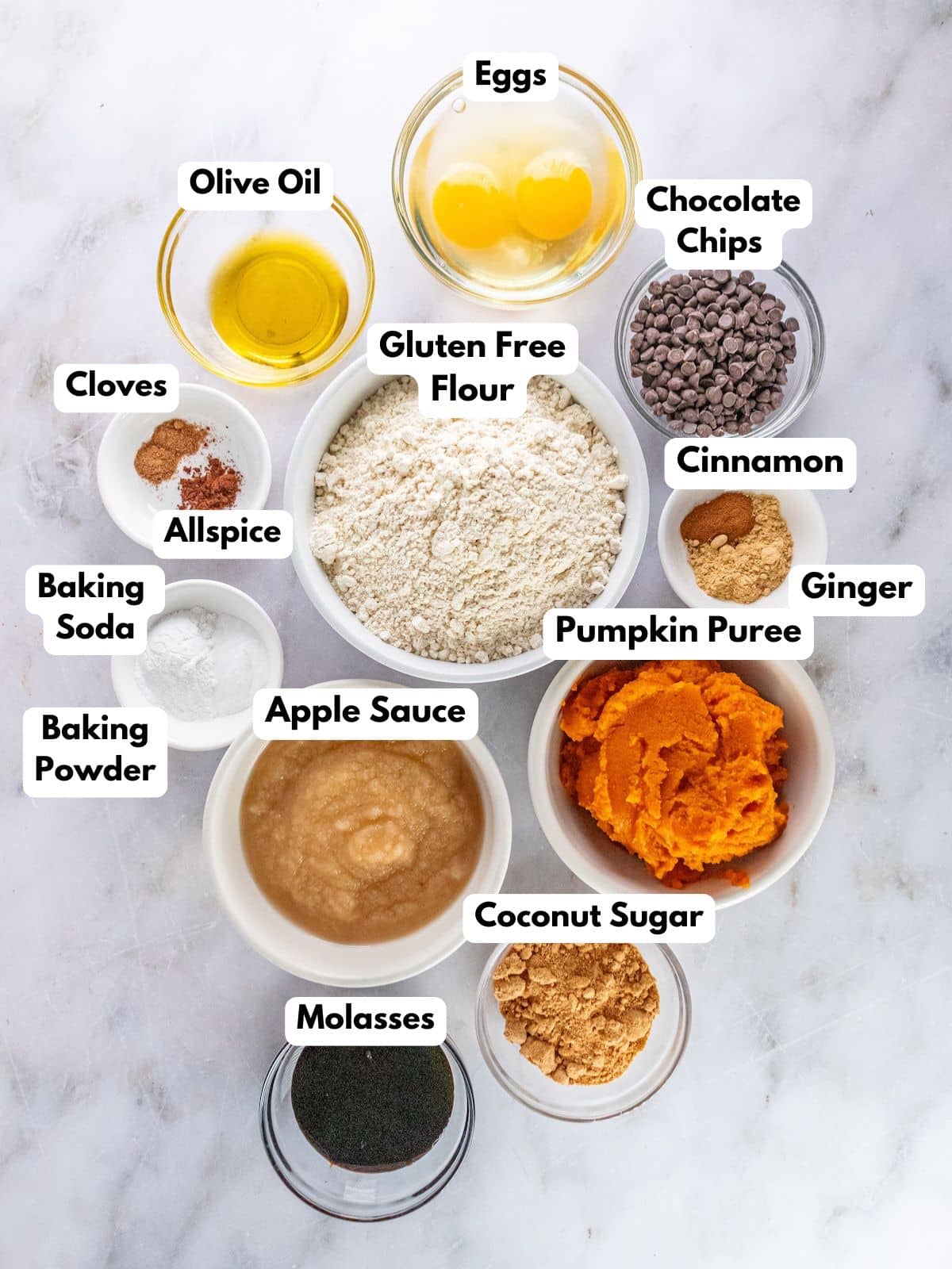 Ingredients to make a chocolate gingerbread loaf cake in bowls.