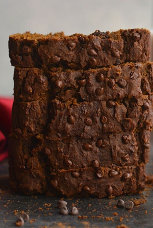 Gingerbread chocolate cake with five slices stacked on each other.