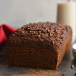 Healthy Chocolate Gingerbread Loaf! Made gluten free & lower in sugar with applesauce, this warm molasses & ginger spiced bread is perfect for a snack or breakfast. Gluten Free + Low Calorie