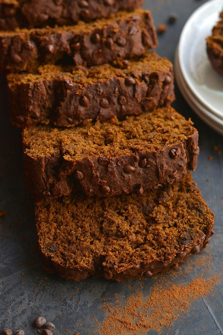 Healthy Chocolate Gingerbread Loaf! Made gluten free & lower in sugar with applesauce, this warm molasses & ginger spiced bread is perfect for a snack or breakfast. Gluten Free + Low Calorie