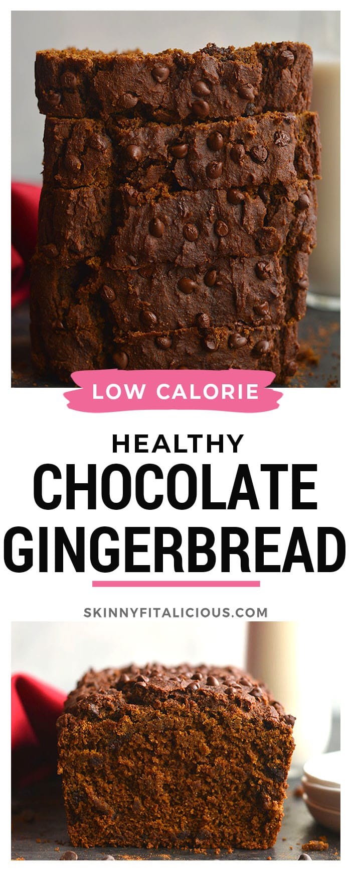 Healthy Chocolate Gingerbread Loaf! Made gluten free and lower in sugar with applesauce, this warm molasses and ginger spiced bread is perfect for a snack or breakfast.