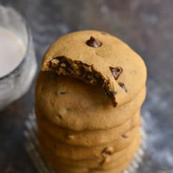 Low Calorie Gluten Free Chocolate Chip Cookies! Perfectly soft baked cookies made with real food ingredients! A healthier version of a childhood favorite made without any refined oil or sugar. Gluten Free + Low Calorie