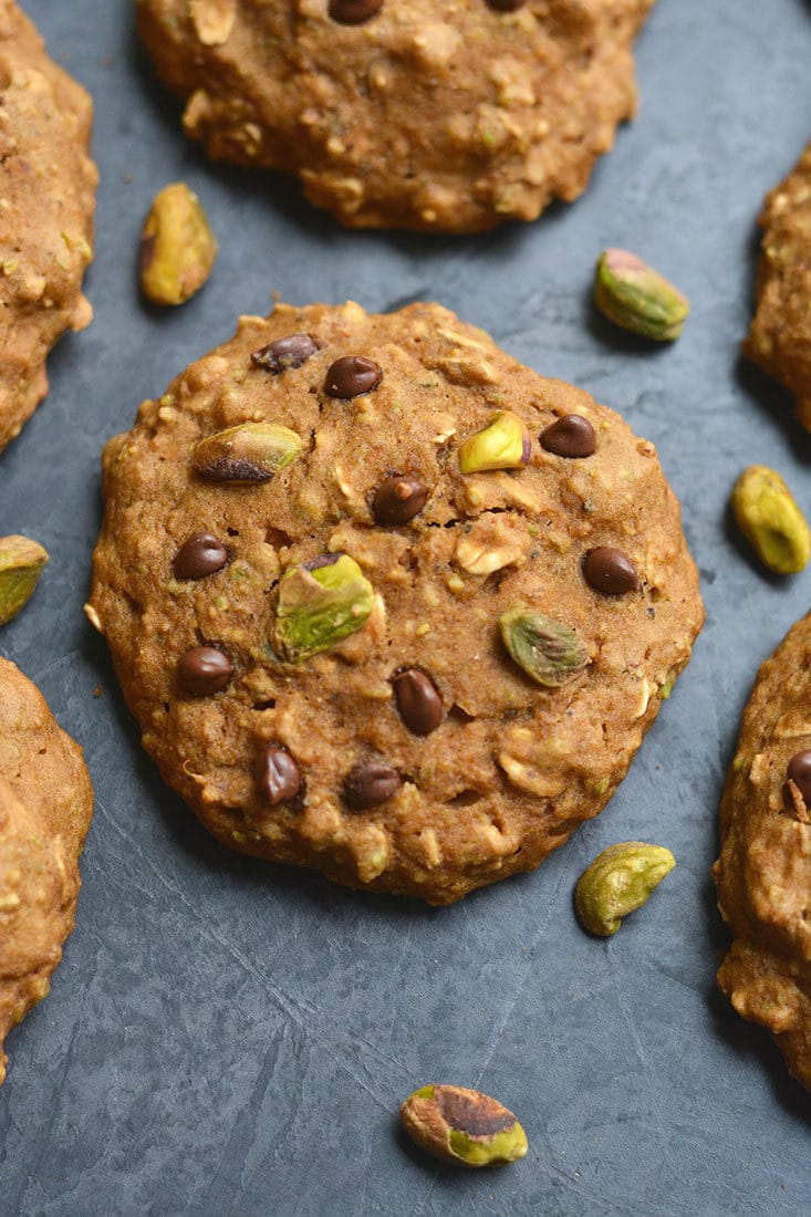 Thick, chewy, Gluten Free Pistachio Chocolate Oatmeal Cookies! A healthier Christmas treat for 100 calories that's even healthy for breakfast. Only 10 minutes to make! Gluten Free + Low Calorie