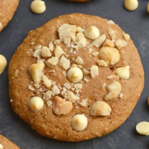 Healthy White Chocolate Macadamia Cookies! Made gluten free with applesauce for a lower sugar cookie recipe, that's lighter & healthier! Great for holiday baking or anytime of year. Gluten Free + Low Calorie