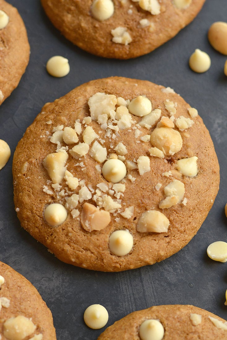 Healthy White Chocolate Macadamia Cookies! Made gluten free with applesauce for a lower sugar cookie recipe, that's lighter & healthier! Great for holiday baking or anytime of year. Gluten Free + Low Calorie