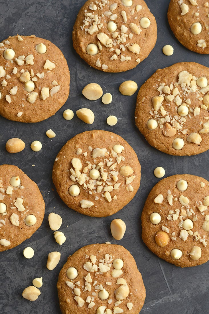 Healthy White Chocolate Macadamia Cookies! Made gluten free with applesauce for a lower sugar cookie recipe, that's lighter & healthier! Great for holiday baking or anytime of year. Gluten Free + Low Calorie