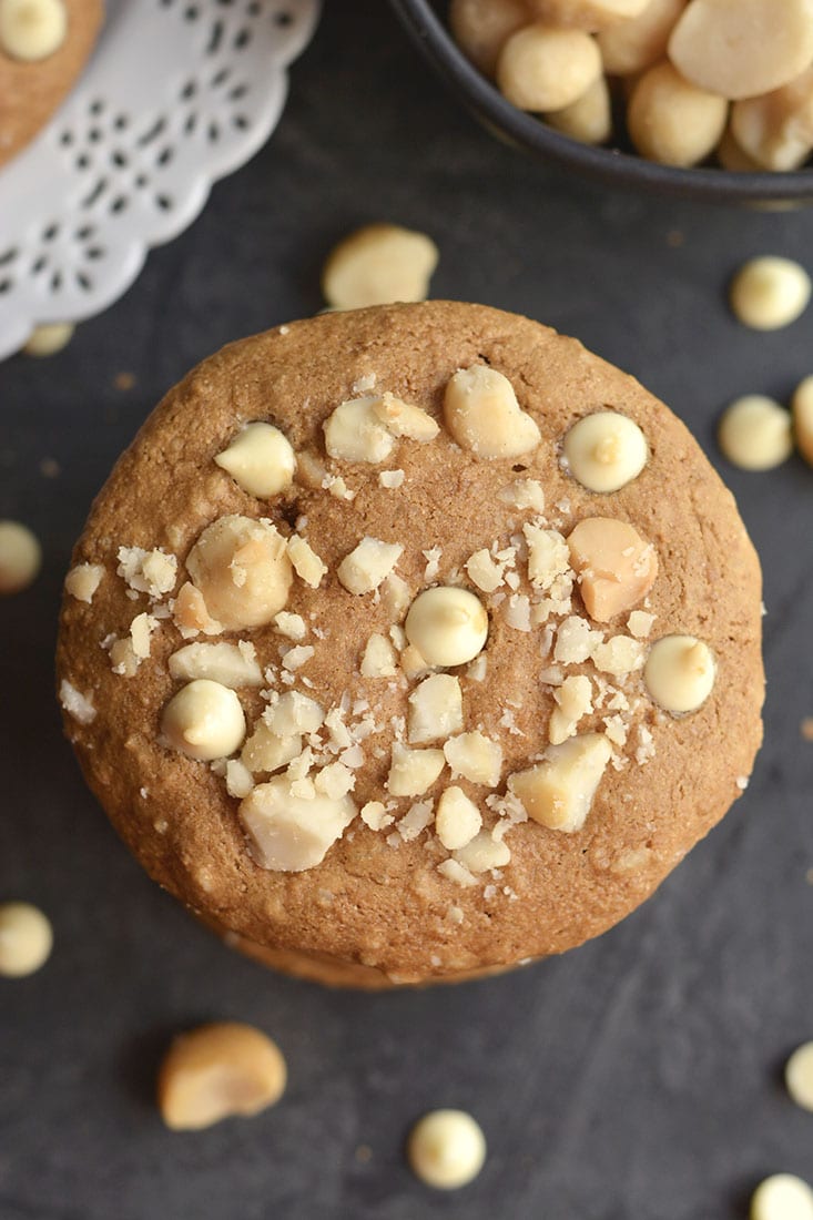 Healthy White Chocolate Macadamia Cookies! Made gluten free with applesauce for a lower sugar cookie recipe, that's lighter & healthier! Great for holiday baking or anytime of year. Gluten Free + Low Calorie