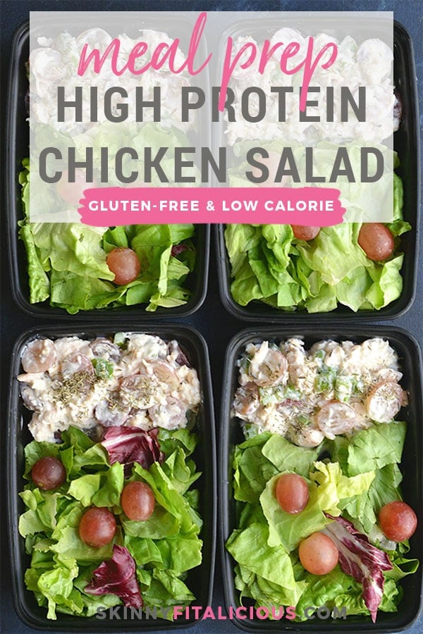 Meal Prep High Protein Chicken Salad! Made with Greek yogurt, grapes & bell peppers this recipe is healthy, easy mayo free & egg free. Great for a quick meal, light lunch or appetizer. Gluten Free + Low Calorie