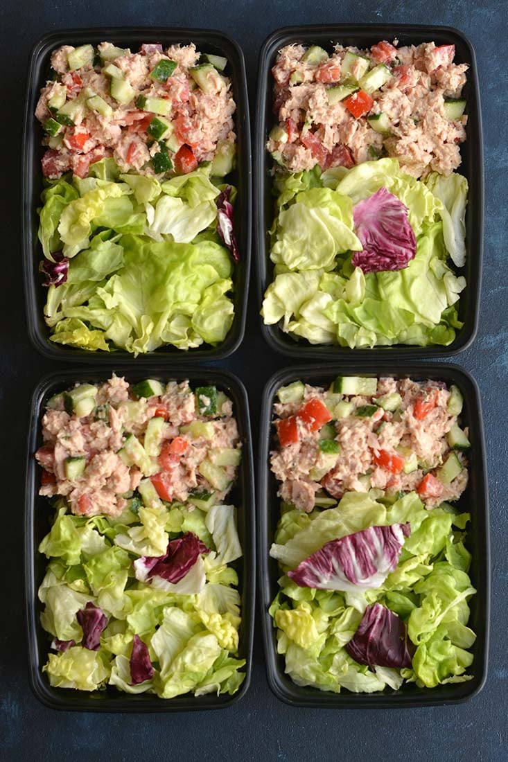 Meal Prep Hummus Tuna Salad ready in 10 minutes! This high protein, low carb tuna salad is mixed with fresh veggies for a light & filling meal. Quick to prep, easy to eat on the go! Gluten Free + Low Calorie