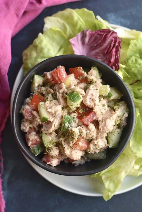 Meal Prep Hummus Tuna Salad ready in 10 minutes! This high protein, low carb tuna salad is mixed with fresh veggies for a light & filling meal. Quick to prep, easy to eat on the go! Gluten Free + Low Calorie