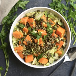 Lentil Brussels Sprouts Sweet Potato Salad! This quick salad is rich in plant based protein, filling & nourishing! A wholesome lunch or dinner that can be made ahead of time.