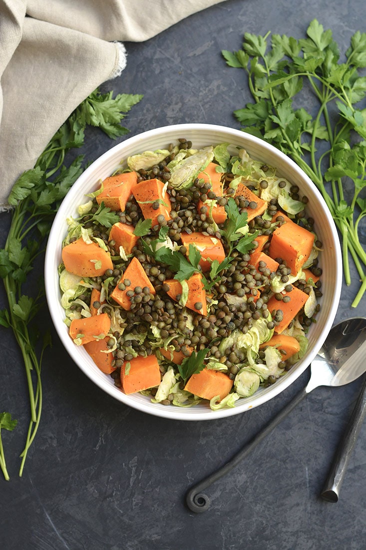 Lentil Brussels Sprouts Sweet Potato Salad! This quick salad is rich in plant based protein, filling & nourishing! A wholesome lunch or dinner that can be made ahead of time. 