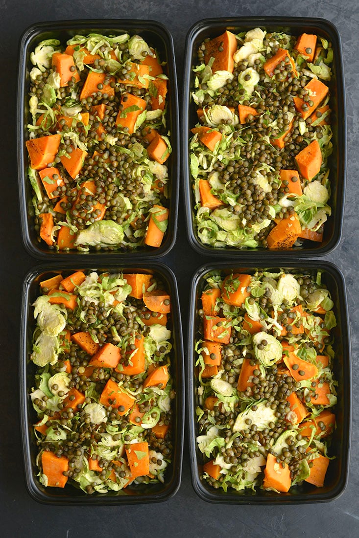 Lentil Brussels Sprouts Sweet Potato Salad! This quick salad is rich in plant based protein, filling & nourishing! A wholesome lunch or dinner that can be made ahead of time. 