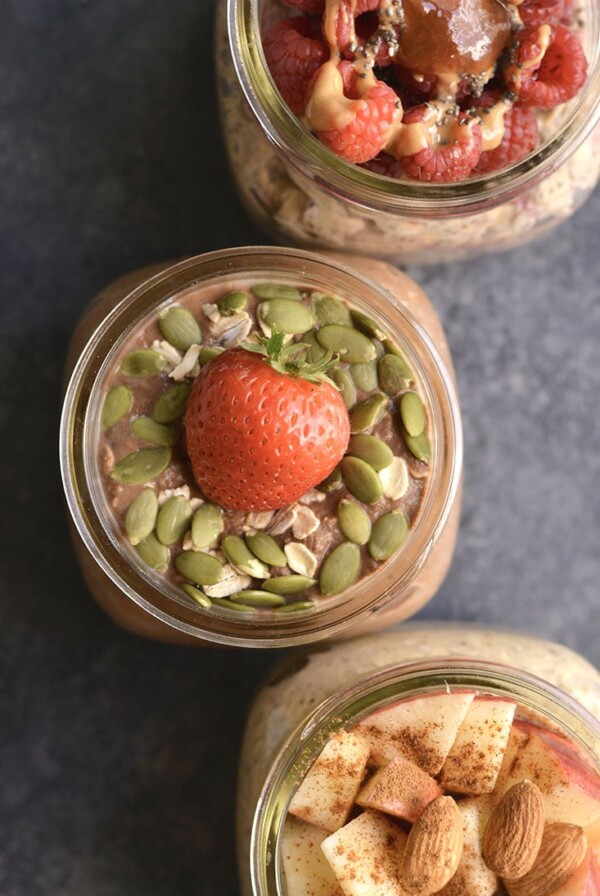 Meal Prep Overnight Oats 3 Ways! Homemade gluten free oats, made free of artificial ingredients, packed with protein, flavor, and EASY to make! Eat them as instant oatmeal or overnight oats. Gluten Free + Low Calorie + Vegan